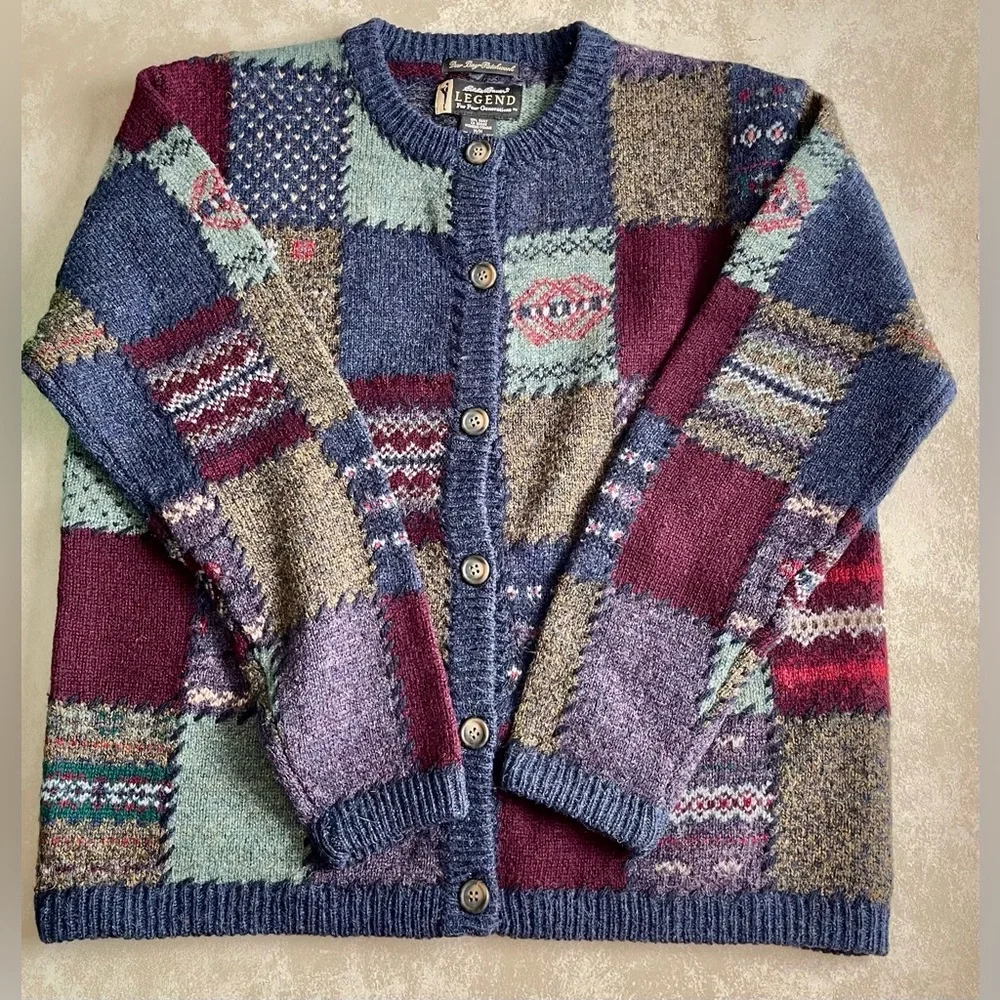 EDDIE BAUER Vintage 100% Wool Deer Bay Patchwork
Cardigan Sweater sz M
Women's - Picture 5 of 8